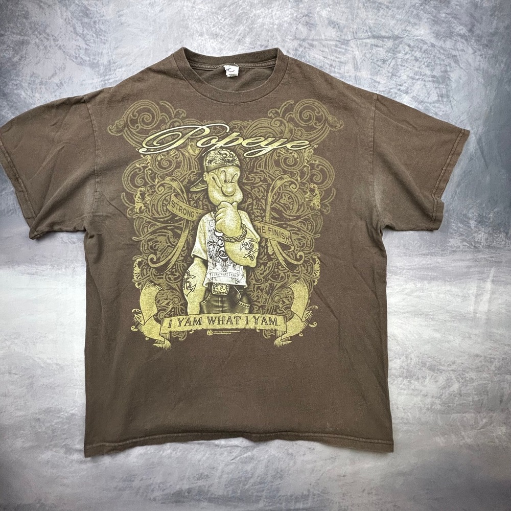 Vintage 2010 Popeye I Yam What I Yam Graphic T-Shirt Brown Mens Large Y2K Delta - Picture 3 of 7